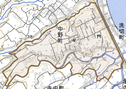 中野町とその周辺の地図。町の範囲を重ねている