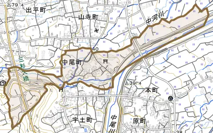 中尾町とその周辺の地図。町の範囲を重ねている