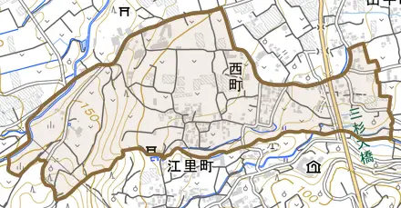 西町とその周辺の地図。町の範囲を重ねている