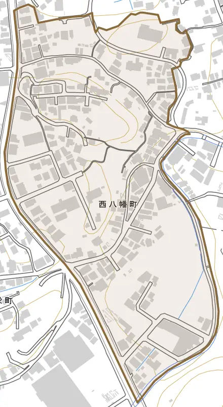 西八幡町とその周辺の地図。町の範囲を重ねている