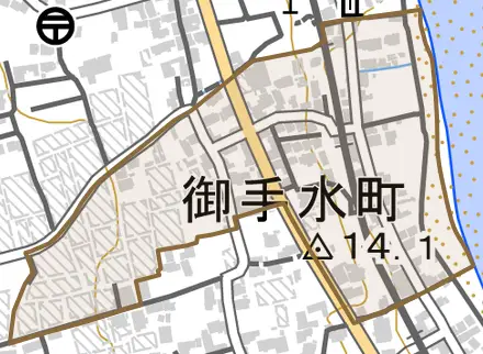 御手水町とその周辺の地図。町の範囲を重ねている