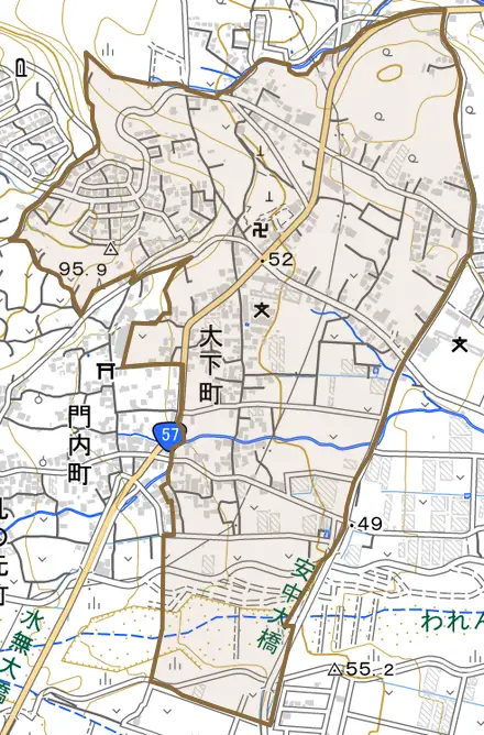 大下町とその周辺の地図。町の範囲を重ねている