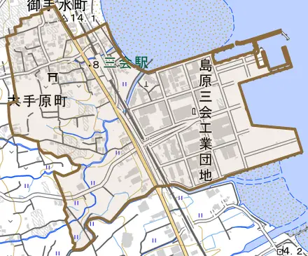 大手原町とその周辺の地図。町の範囲を重ねている
