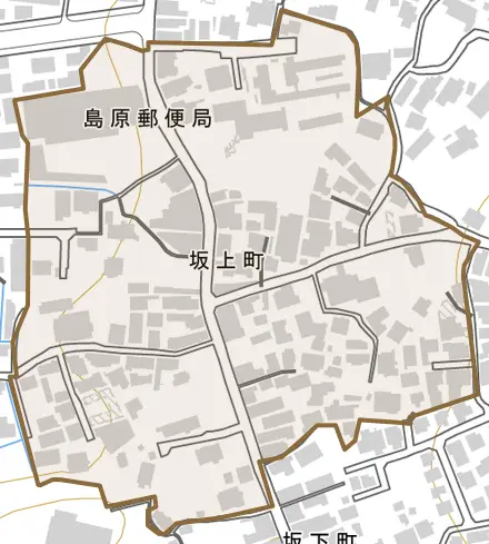 坂上町とその周辺の地図。町の範囲を重ねている