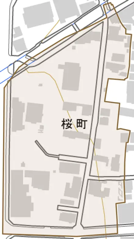 桜町とその周辺の地図。町の範囲を重ねている