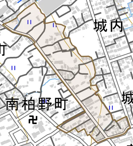 桜門町とその周辺の地図。町の範囲を重ねている