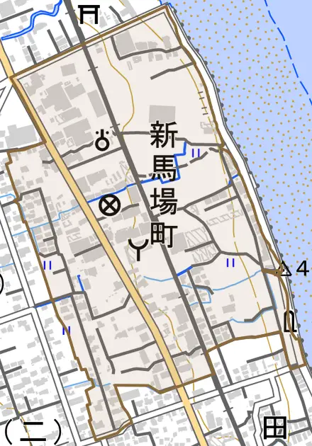 新馬場町とその周辺の地図。町の範囲を重ねている