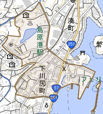 下川尻町とその周辺の地図。町の範囲を重ねている