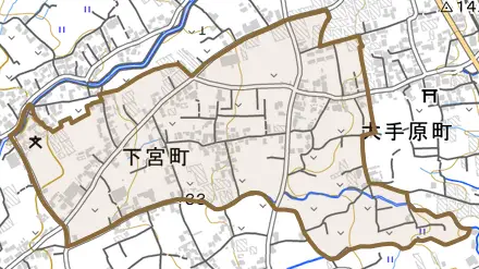 下宮町とその周辺の地図。町の範囲を重ねている