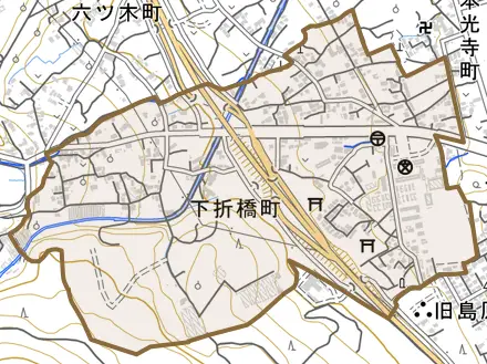 下折橋町とその周辺の地図。町の範囲を重ねている