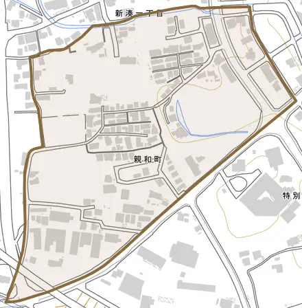 親和町とその周辺の地図。町の範囲を重ねている