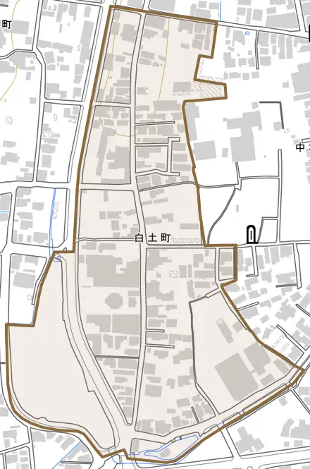 白土町とその周辺の地図。町の範囲を重ねている