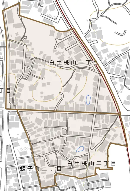 白土桃山とその周辺の地図。町の範囲を重ねている