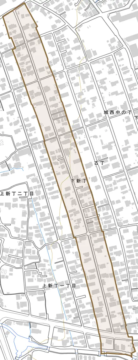 下新丁とその周辺の地図。町の範囲を重ねている