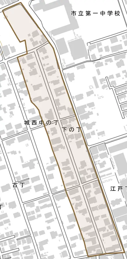 下の丁とその周辺の地図。町の範囲を重ねている