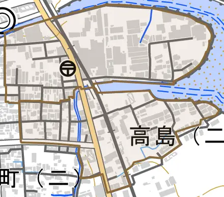 高島とその周辺の地図。町の範囲を重ねている
