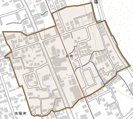 田町とその周辺の地図。町の範囲を重ねている
