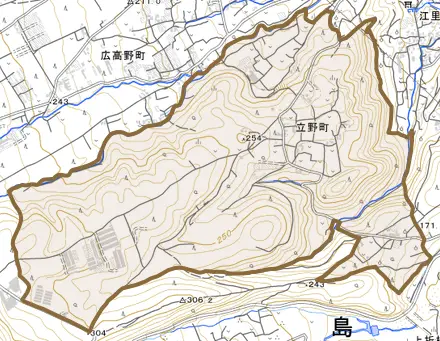 立野町とその周辺の地図。町の範囲を重ねている
