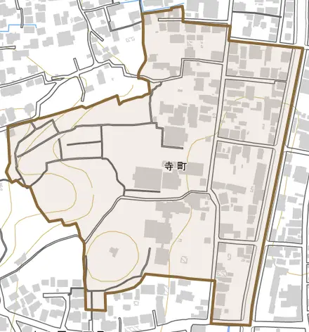 寺町とその周辺の地図。町の範囲を重ねている