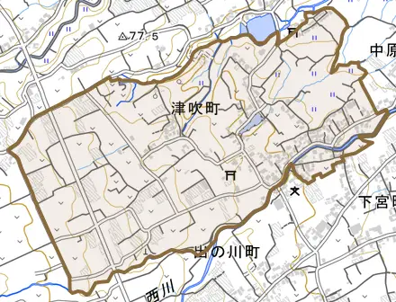 津吹町とその周辺の地図。町の範囲を重ねている