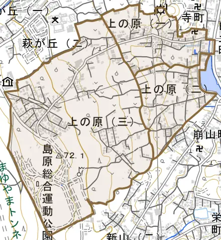 上の原とその周辺の地図。町の範囲を重ねている