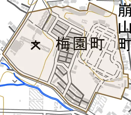 梅園町とその周辺の地図。町の範囲を重ねている