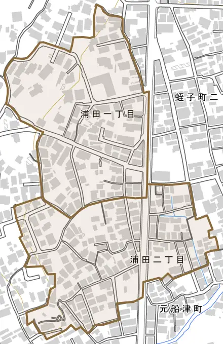 浦田とその周辺の地図。町の範囲を重ねている