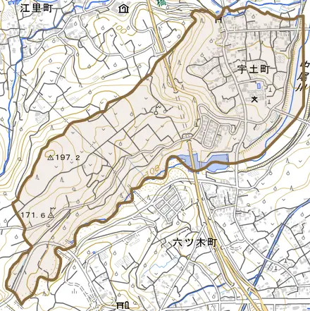 宇土町とその周辺の地図。町の範囲を重ねている