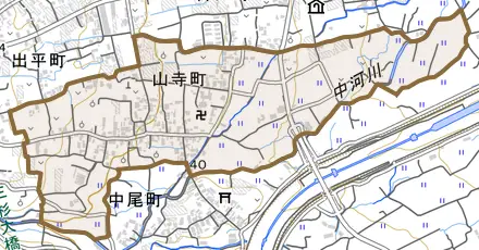 山寺町とその周辺の地図。町の範囲を重ねている