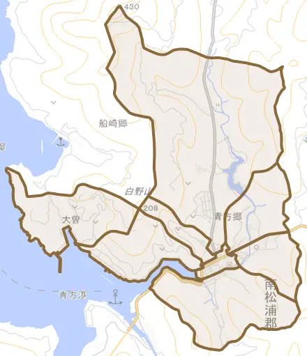 青方郷とその周辺の地図。町の範囲を重ねている