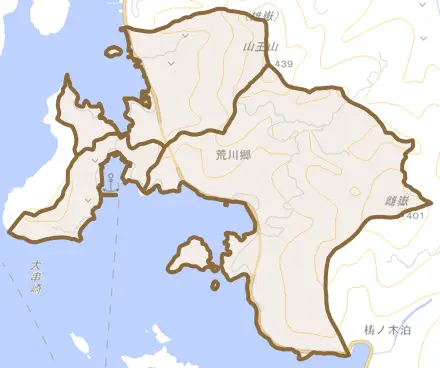 荒川郷とその周辺の地図。町の範囲を重ねている