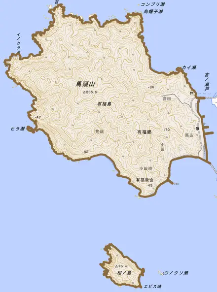 有福郷とその周辺の地図。町の範囲を重ねている