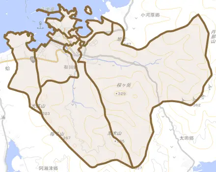 有川郷とその周辺の地図。町の範囲を重ねている