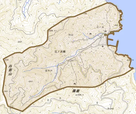 江ノ浜郷とその周辺の地図。町の範囲を重ねている