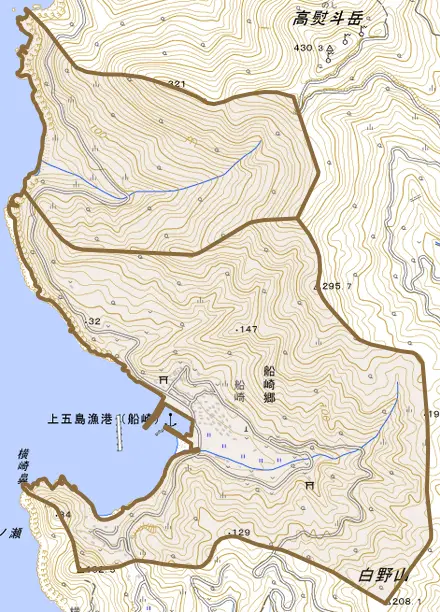 船崎郷とその周辺の地図。町の範囲を重ねている