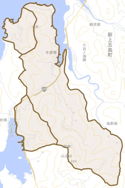 今里郷とその周辺の地図。町の範囲を重ねている