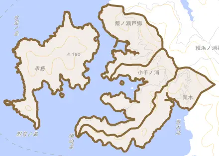 飯ノ瀬戸郷とその周辺の地図。町の範囲を重ねている