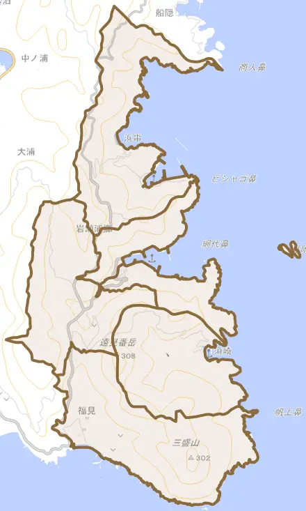 岩瀬浦郷とその周辺の地図。町の範囲を重ねている