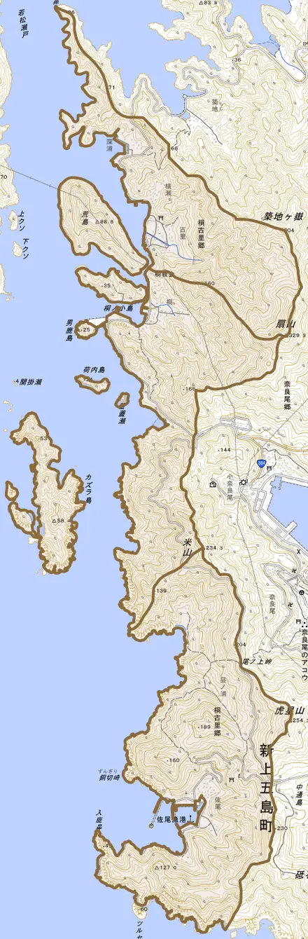 桐古里郷とその周辺の地図。町の範囲を重ねている