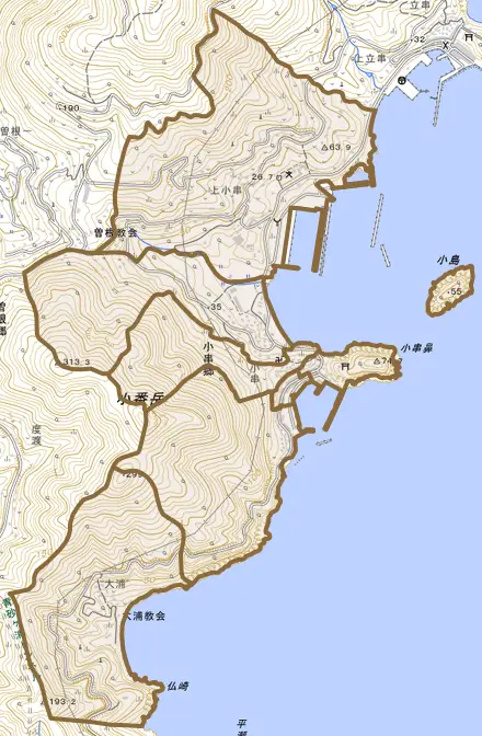 小串郷とその周辺の地図。町の範囲を重ねている