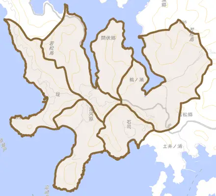 間伏郷とその周辺の地図。町の範囲を重ねている