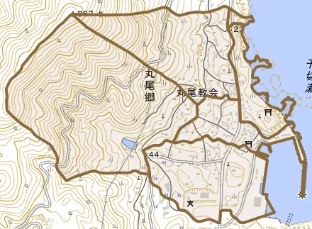 丸尾郷とその周辺の地図。町の範囲を重ねている