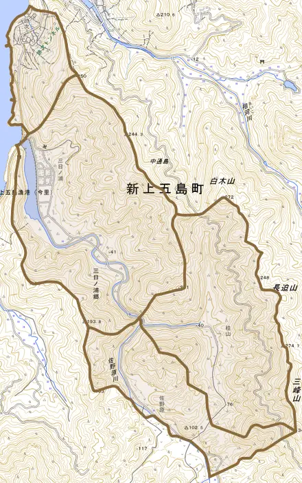 三日ノ浦郷とその周辺の地図。町の範囲を重ねている