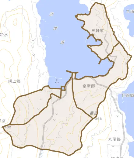 奈摩郷とその周辺の地図。町の範囲を重ねている