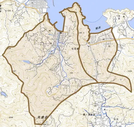 七目郷とその周辺の地図。町の範囲を重ねている