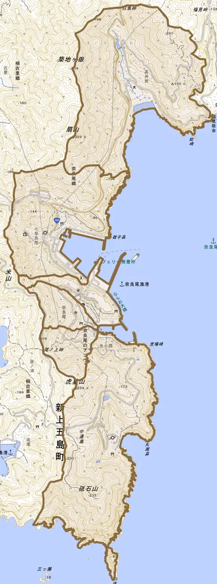 奈良尾郷とその周辺の地図。町の範囲を重ねている
