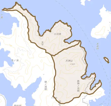 西神ノ浦郷とその周辺の地図。町の範囲を重ねている