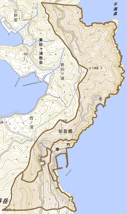似首郷とその周辺の地図。町の範囲を重ねている