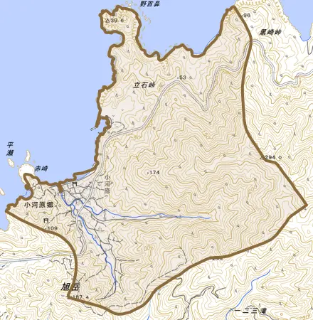 小河原郷とその周辺の地図。町の範囲を重ねている