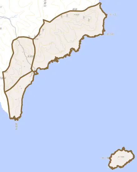 太田郷とその周辺の地図。町の範囲を重ねている